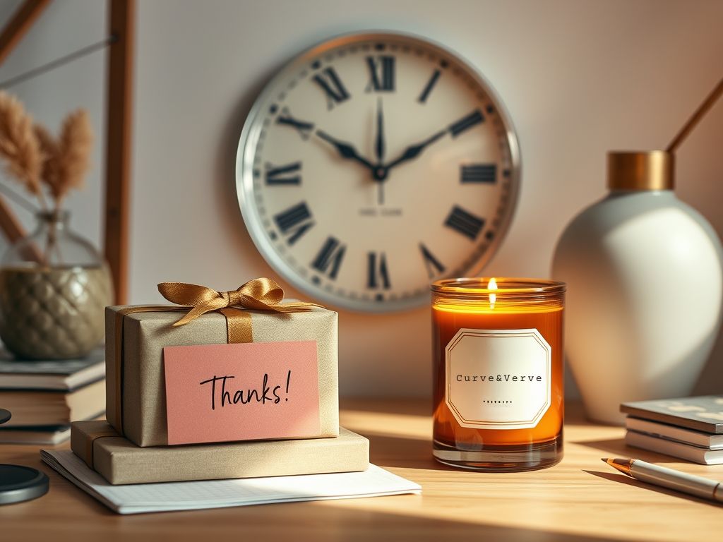A warm, inviting workspace featuring an elegant Roman numeral wall clock, an amber jar candle labeled 'Curve&Verve,' and beautifully wrapped gift boxes with a handwritten 'Thanks!' note. Soft natural lighting enhances the refined aesthetic, creating a cozy yet sophisticated ambiance that embodies thoughtful gifting and timeless design.