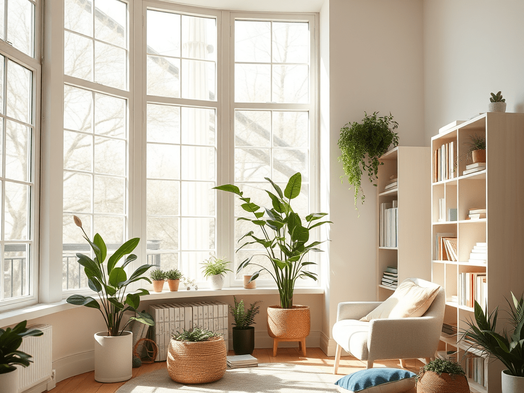 A sunlit, cozy reading corner with floor-to-ceiling windows, lush houseplants in natural woven pots, and neatly arranged books on open shelves. The room radiates calm and intentional living, reflecting a minimalist and wellness-focused lifestyle.