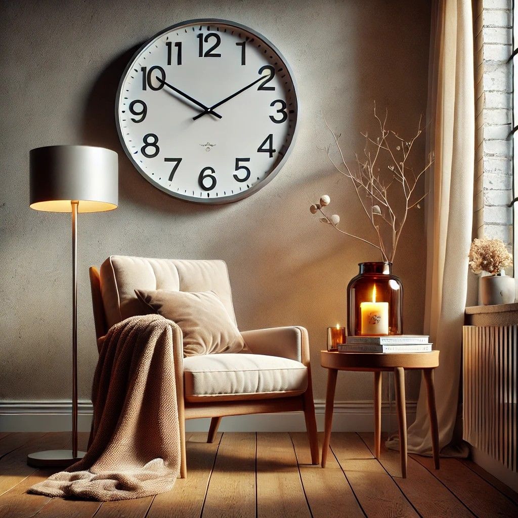 A cozy reading nook with a large, elegant wall clock as the focal point. The space features a plush beige armchair with a soft throw blanket, a warm candle-lit side table, and a modern floor lamp, all bathed in soft natural light from a nearby window. The ambiance is serene and inviting, blending minimalist decor with warm, earthy tones.