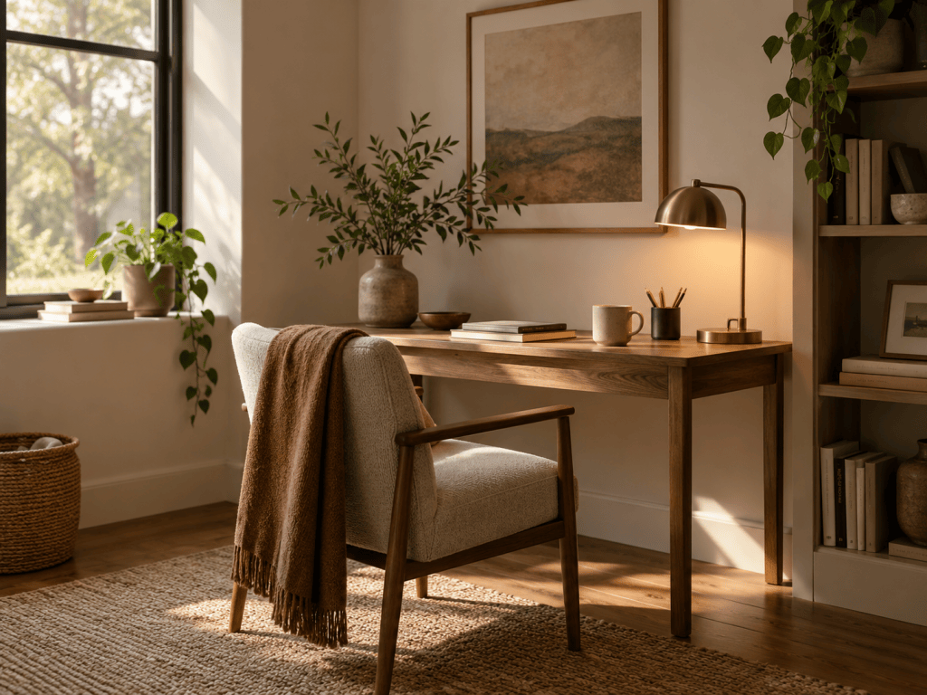 Warm, sunlit home office with a wooden desk, upholstered chair, plants, books, and minimal decor arranged to create a calm, intentional space.